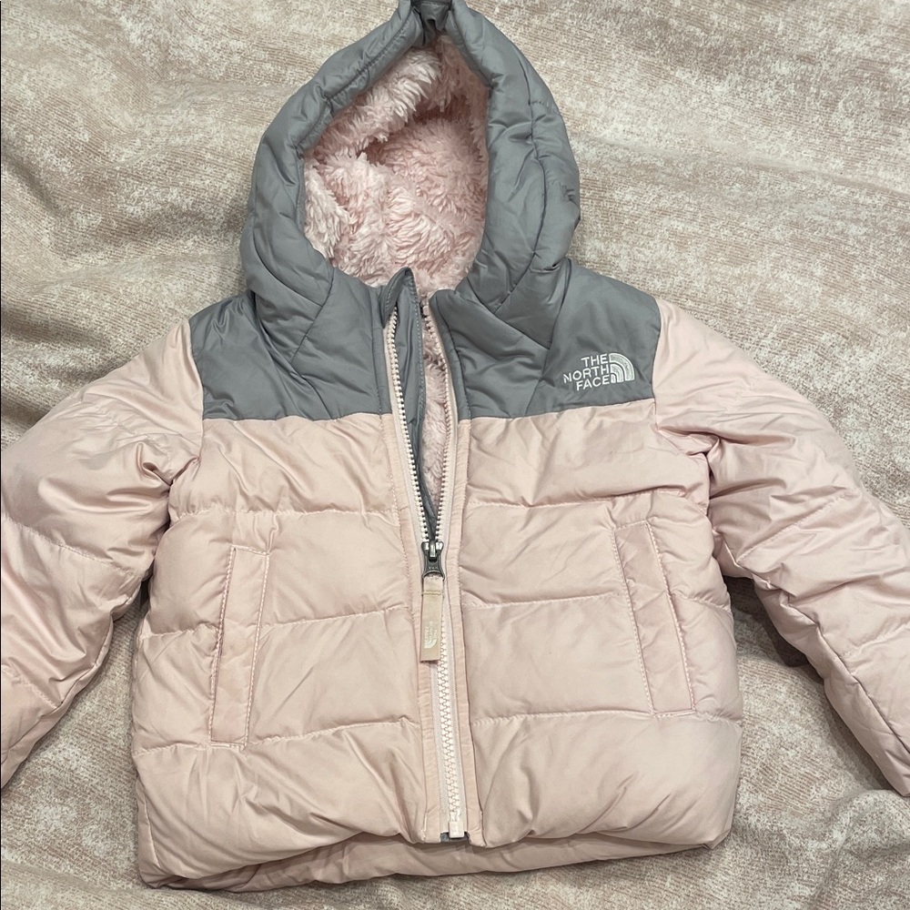 The North Face Pink and Gray Girls Puffer Jacket with Faux-Fur Hood
